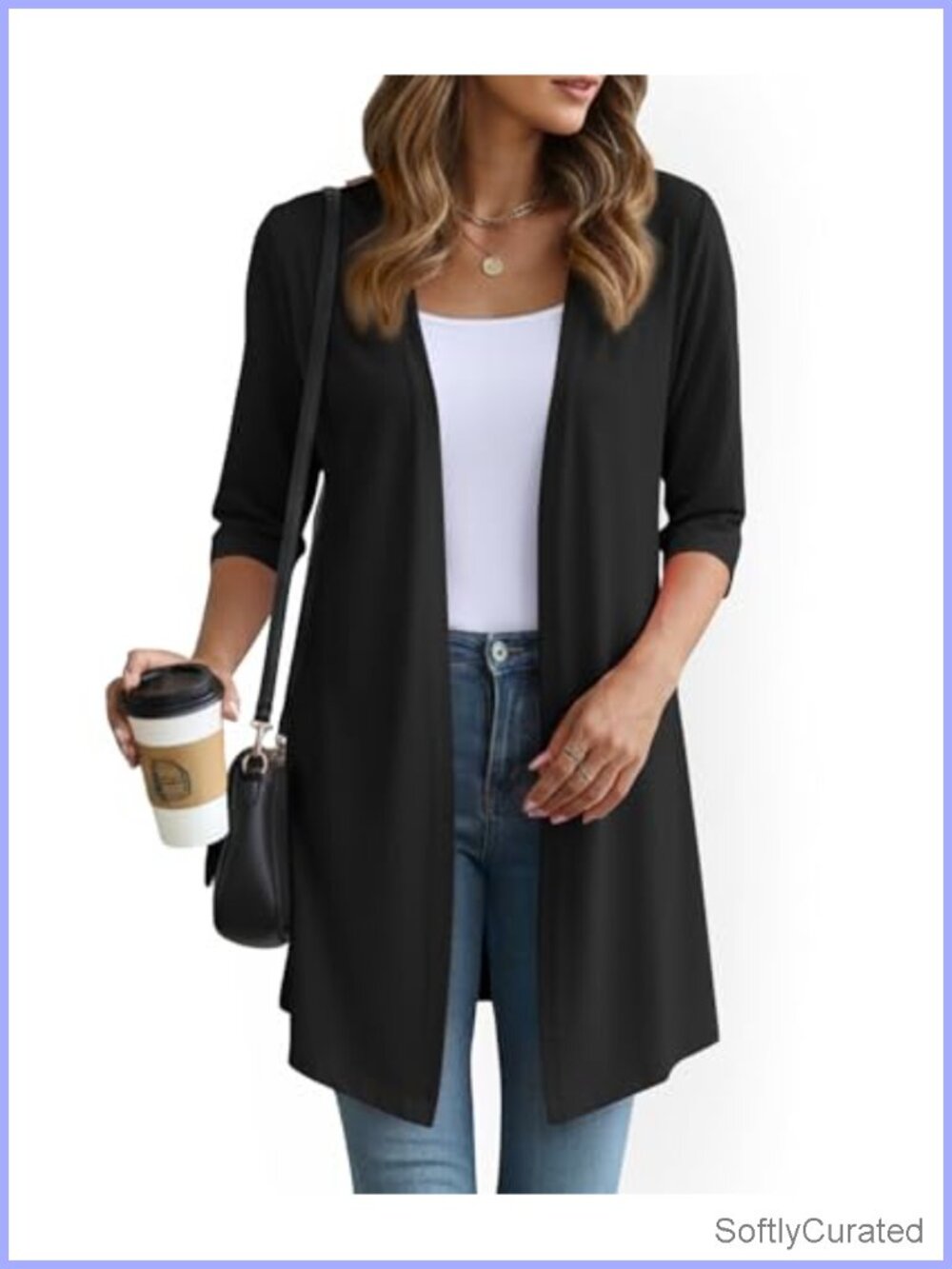 Womens Lightweight Open Front Cardigan 3/4 Sleeve Long Knit Sweater